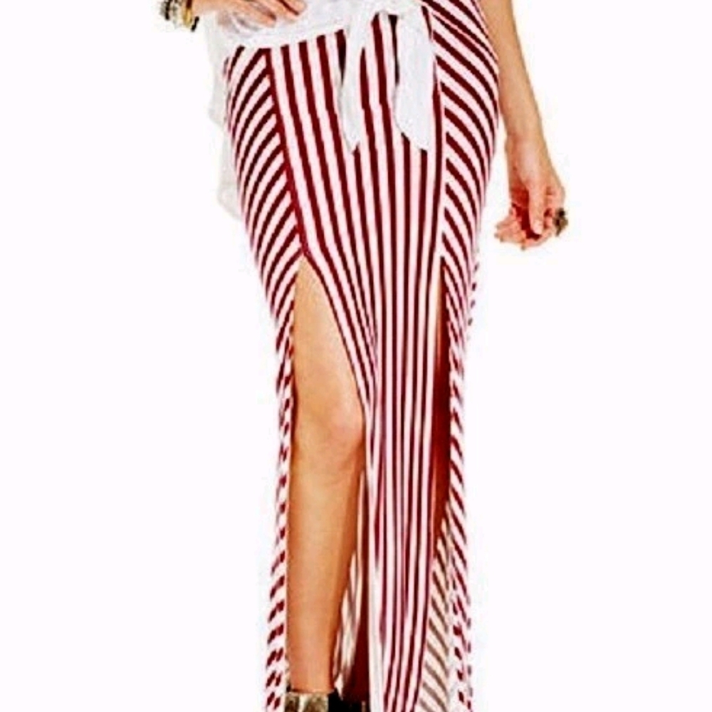 Free People Striped Maroon/White Maxi Skirt